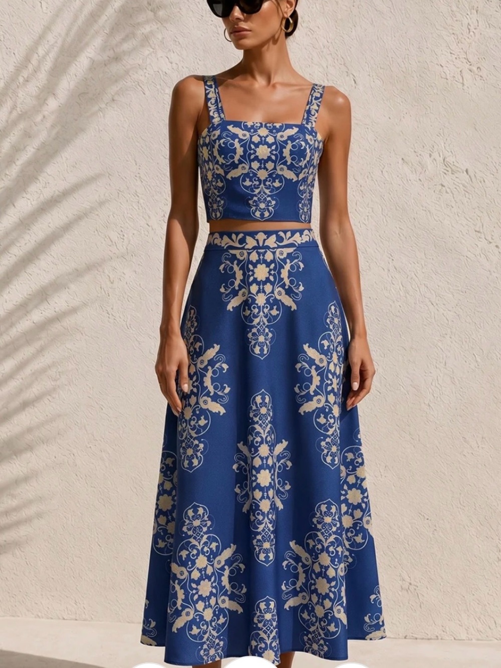 Blue Printed Maxi Skirt — Elegant Floral A-Line